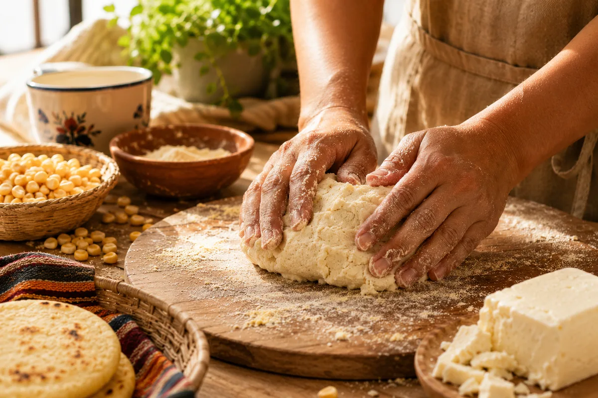 Hands kneading arepa dough on a flour-dusted wooden board