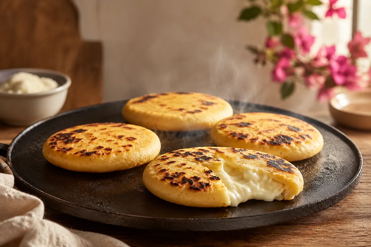 Golden arepas on a cast-iron griddle, one split open with melting cheese