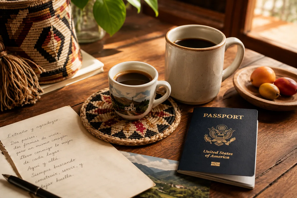 Colombian coffee cup beside an American diner mug with a handwritten letter and passport