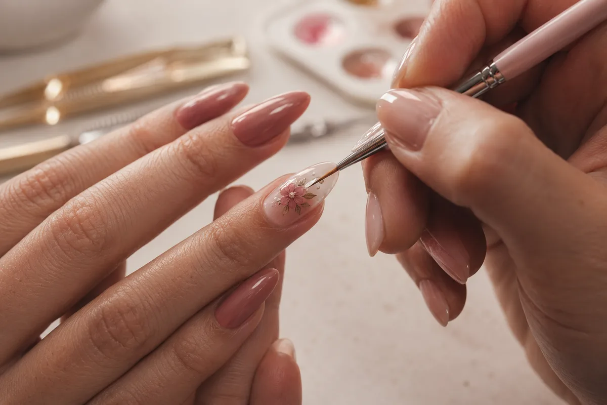 Nail artist hand-painting a floral micro-design on almond-shaped nails
