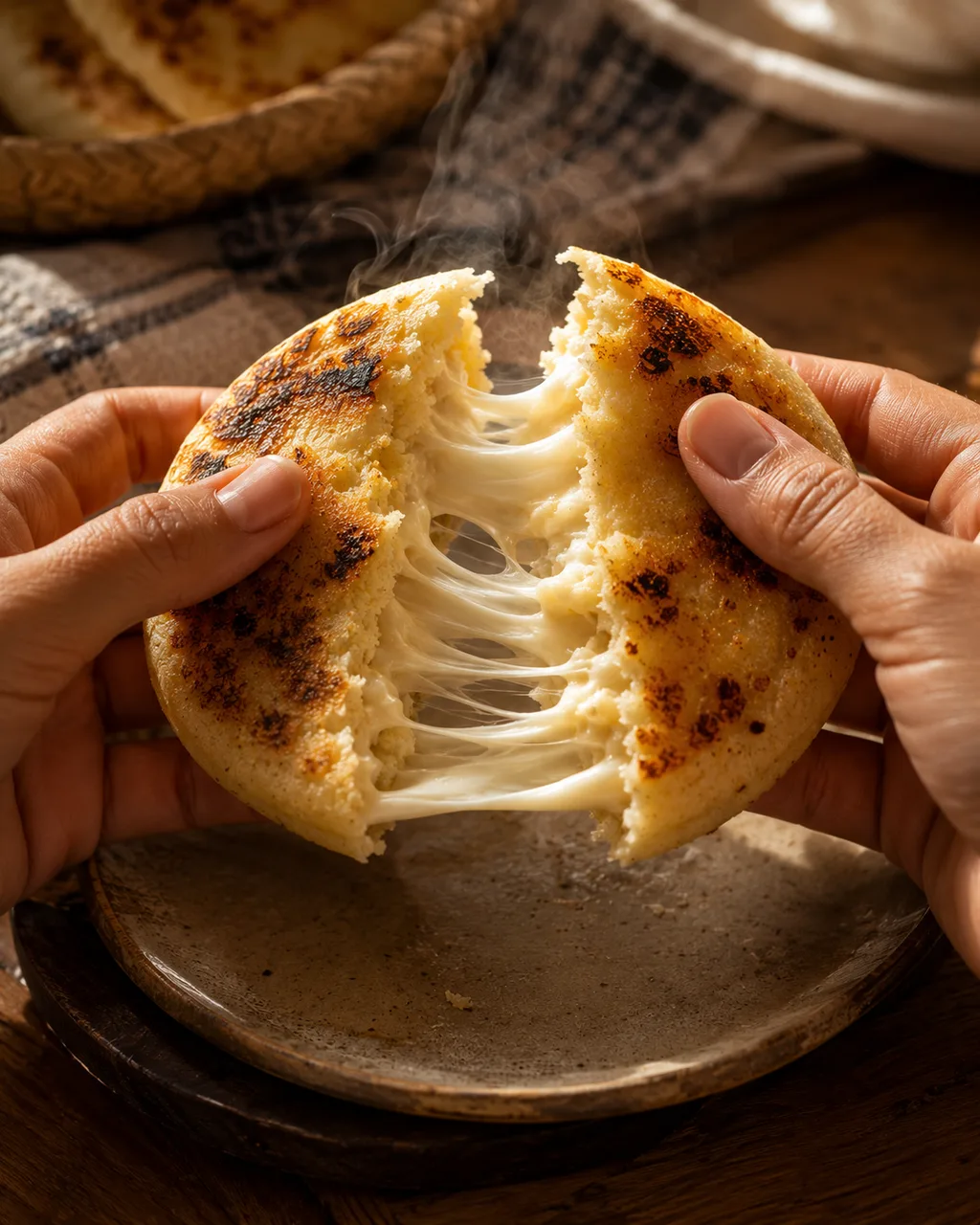 Hands splitting a warm cheese-filled arepa