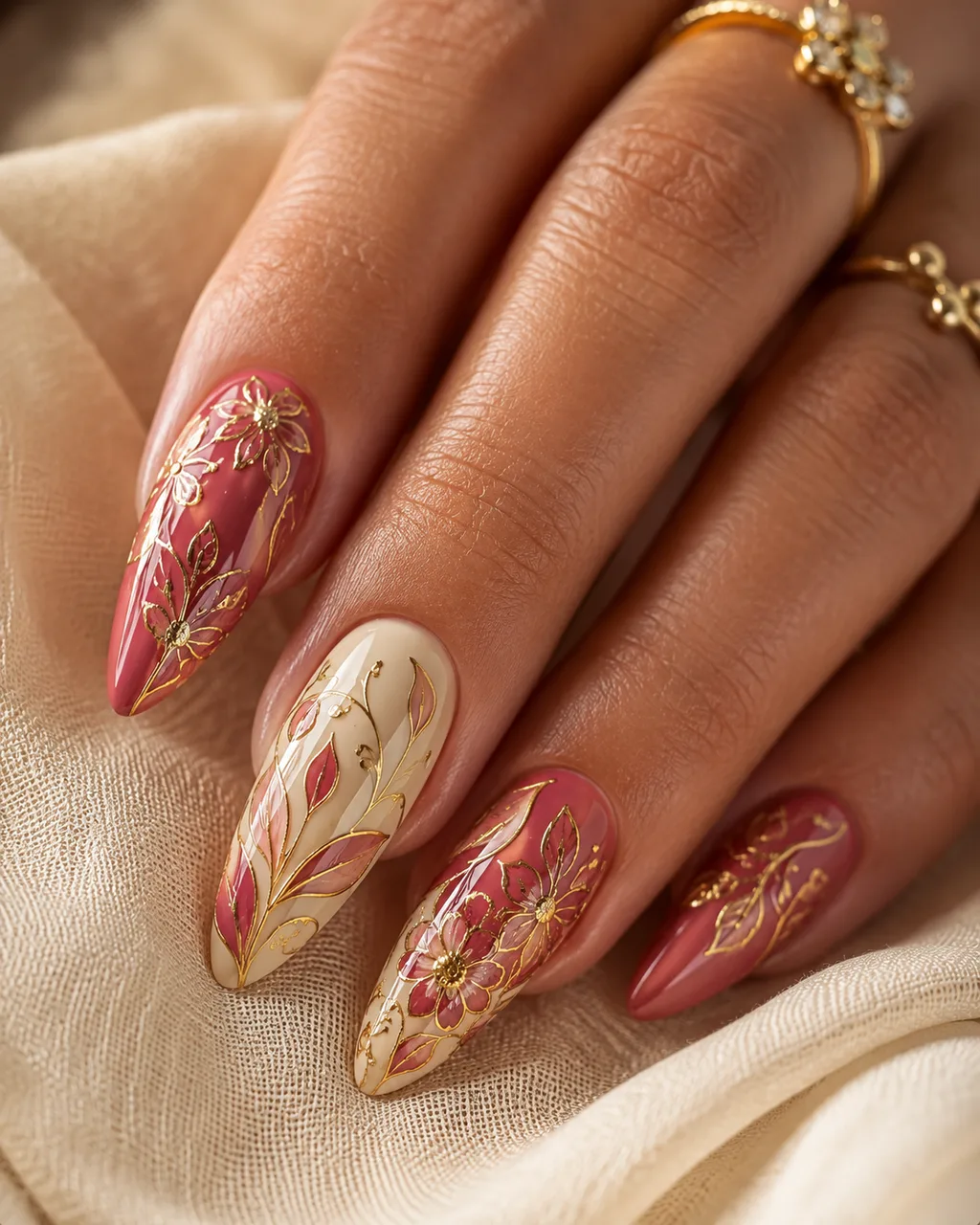 Macro close-up of hand-painted nail art with fine gold line details