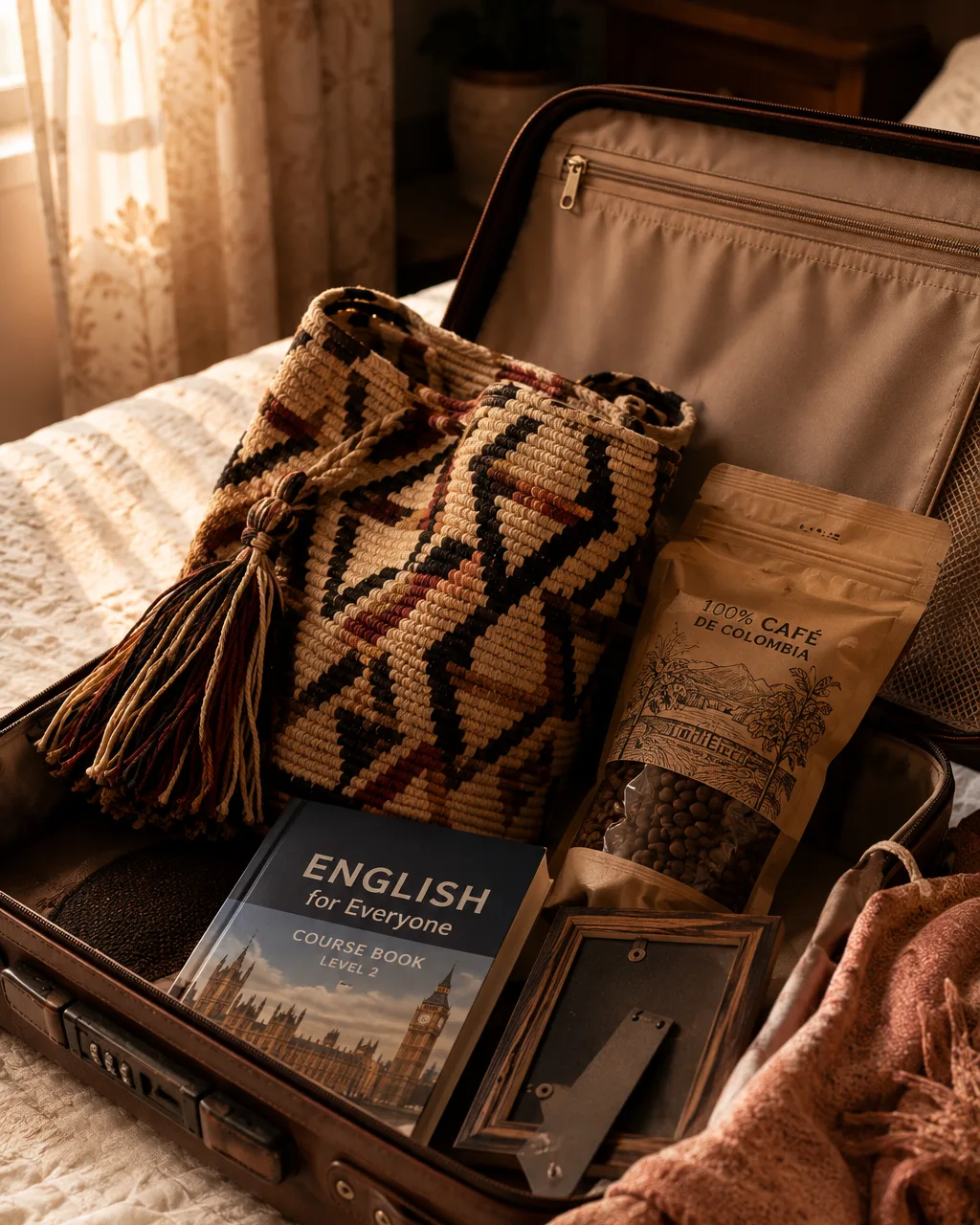 Open suitcase with a woven Colombian bag, coffee beans and a family photo