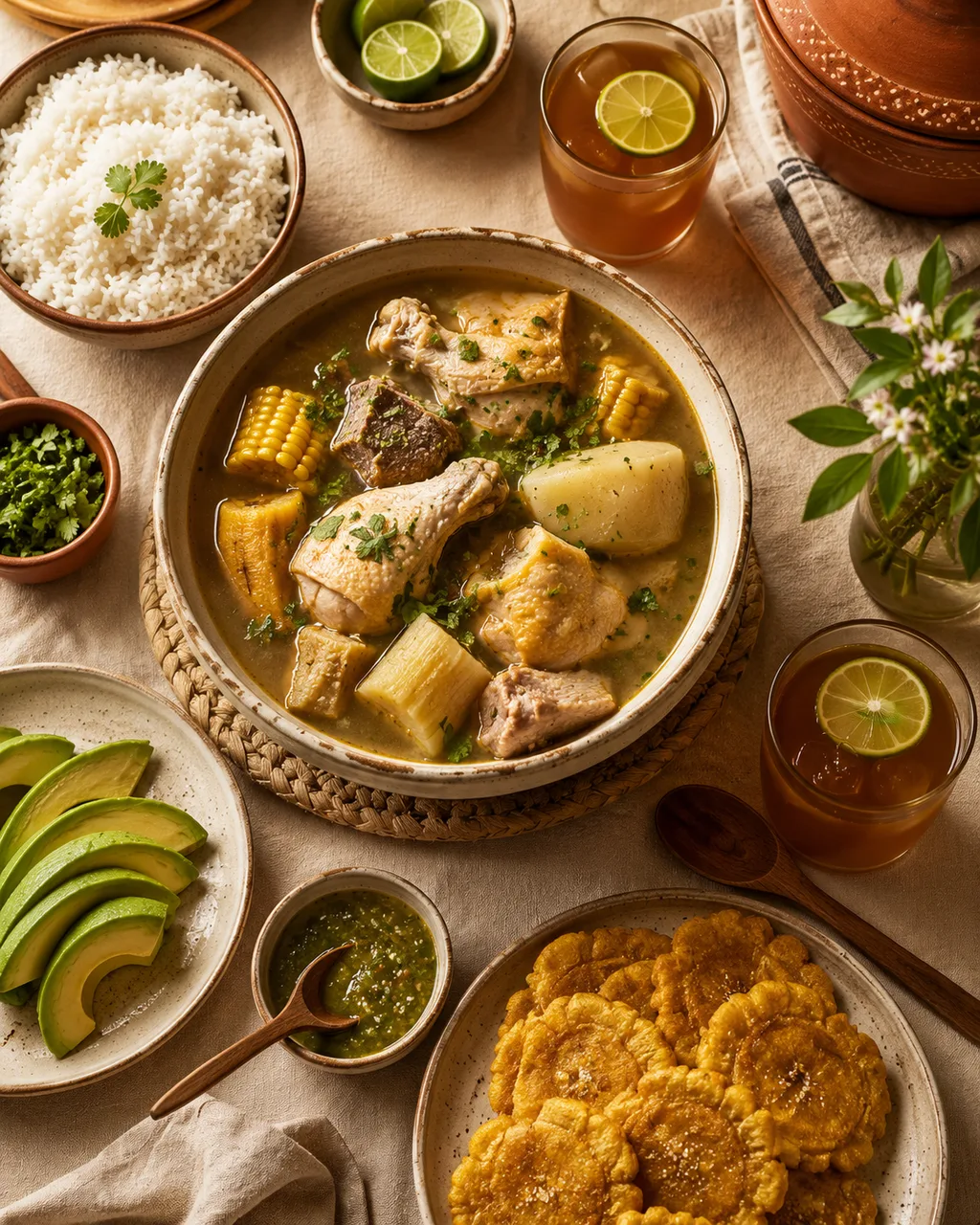 Overhead view of a Colombian family lunch with sancocho, rice, avocado and patacones