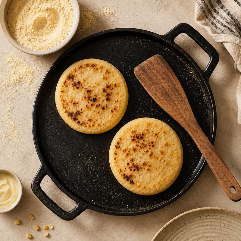 Cast-iron arepa griddle with two golden arepas and a wooden spatula