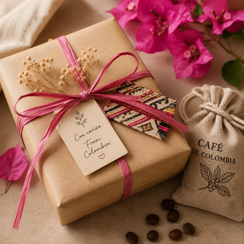 Gift wrapped in kraft paper with a pink ribbon and a Colombian textile accent