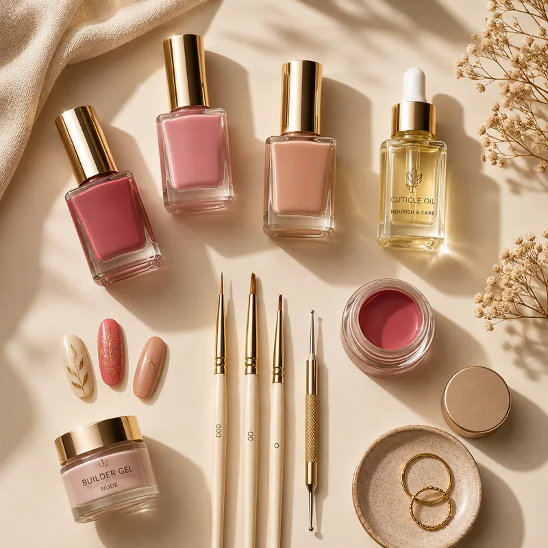 Flat lay of nail polish bottles in guava, pink and nude tones with fine nail-art brushes